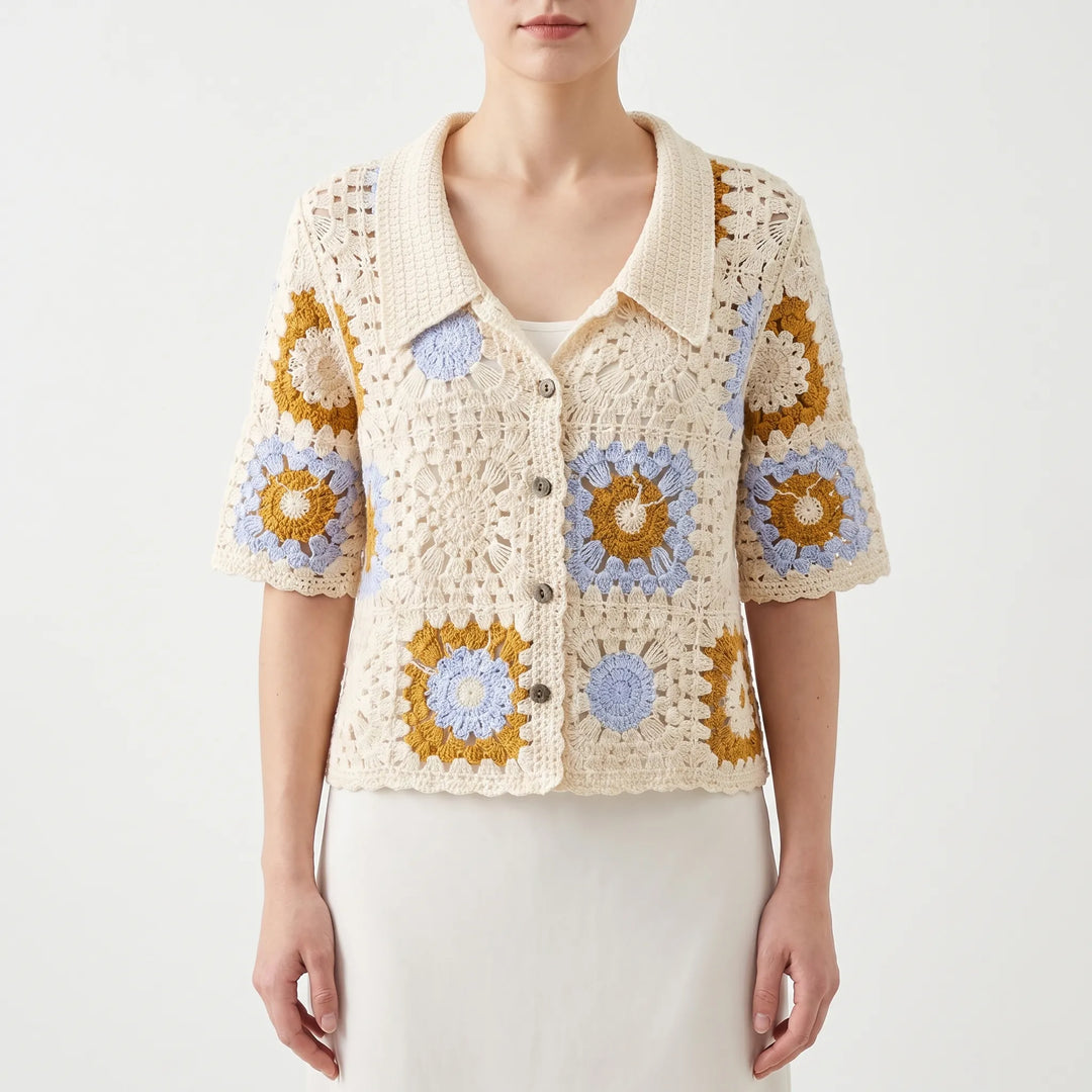 Vintage-style women's short-sleeve crochet top, open knit cardigan. Lightweight and breathable for summer fashion.