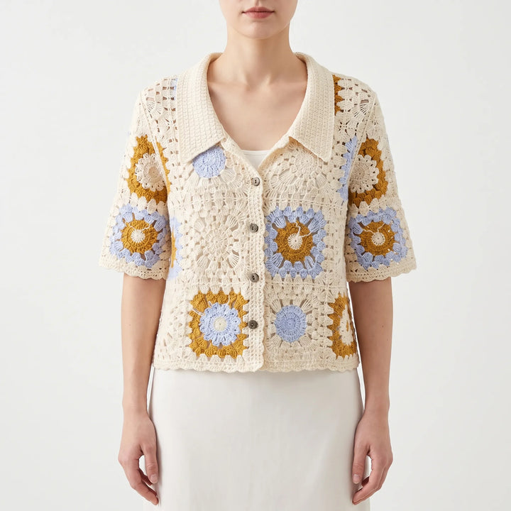 Vintage-style women's short-sleeve crochet top, open knit cardigan. Lightweight and breathable for summer fashion.