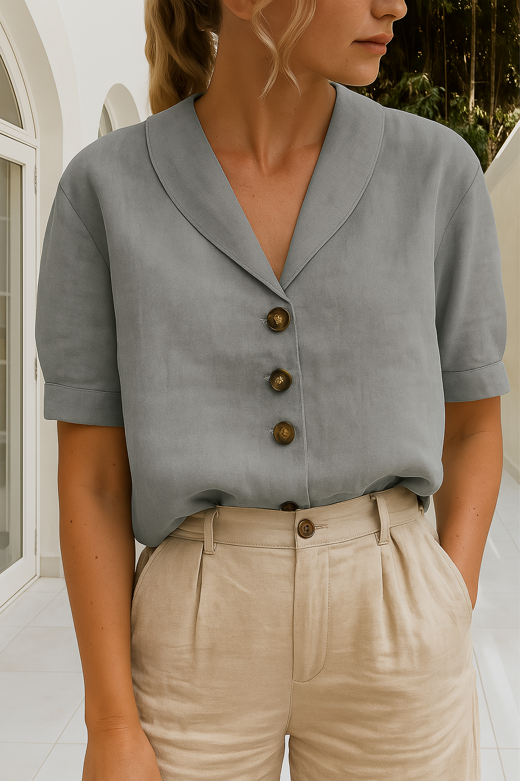 Versatile women's short sleeve linen top, an everyday basic for spring and summer fashion.