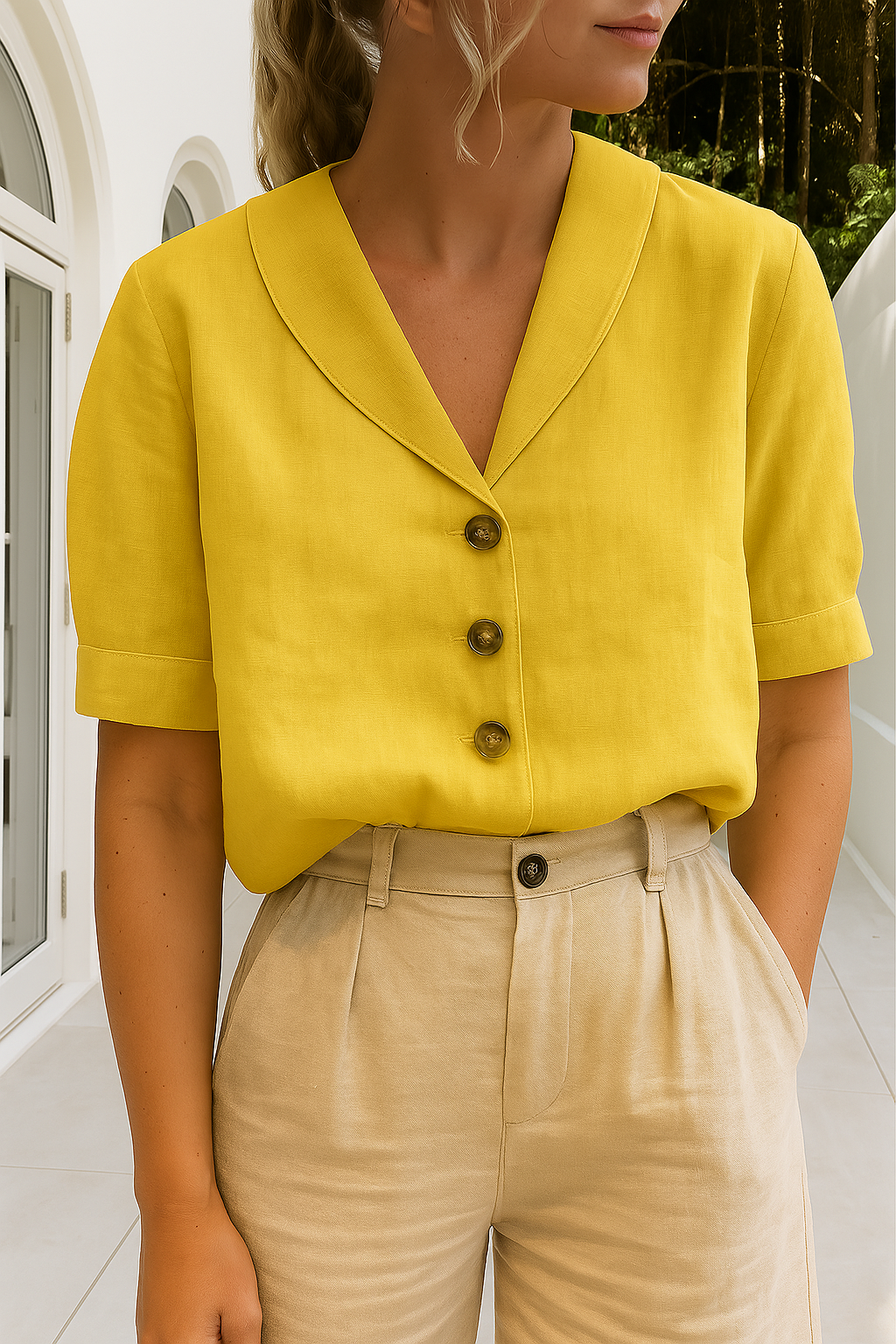 Soft linen women's t-shirt with a relaxed fit, providing comfortable everyday basic style.