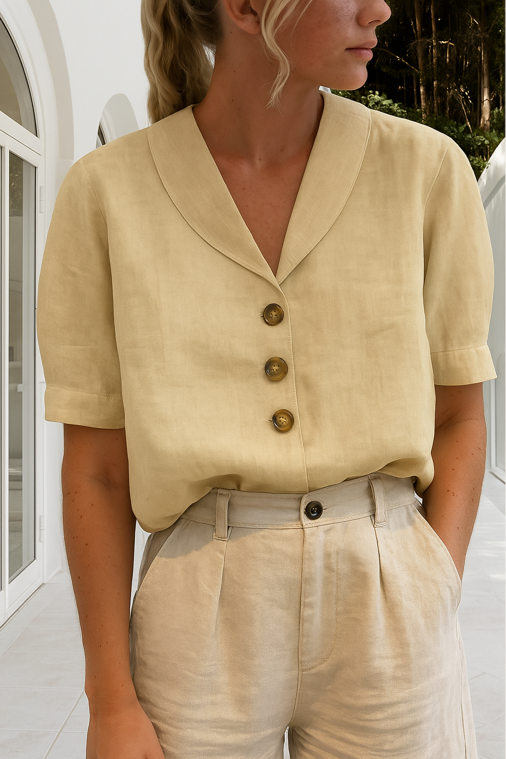 Breathable linen women's t-shirt with short sleeves and relaxed fit for comfortable spring/summer wear.