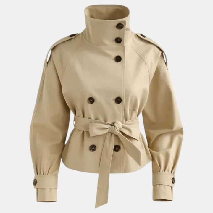 Women's short trench coat with adjustable belt, ideal for versatile work & casual spring/fall wear. Lightweight & chic.