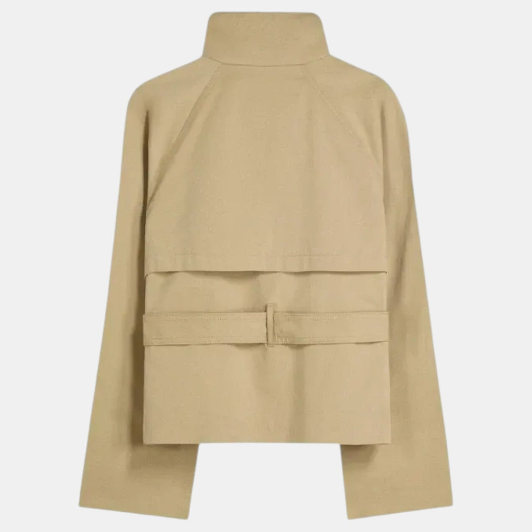 Chic women's short trench coat, perfect for office workwear or smart casual outfits. Features an adjustable waist belt.