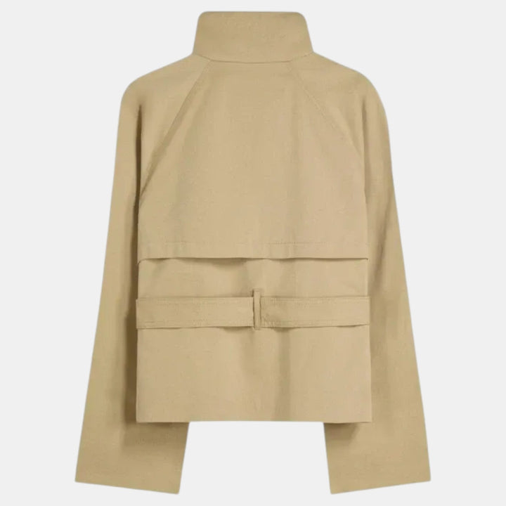Chic women's short trench coat, perfect for office workwear or smart casual outfits. Features an adjustable waist belt.