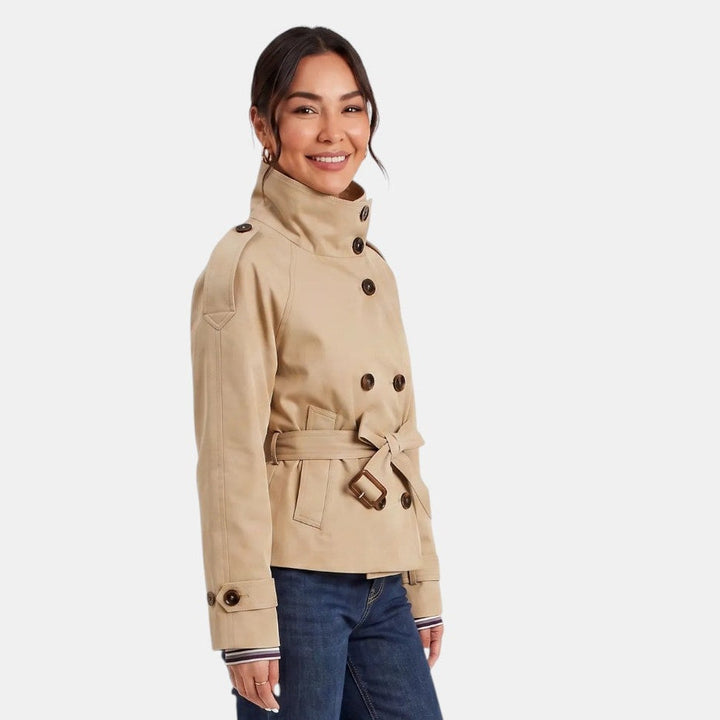 Lightweight women's short trench coat with adjustable belt for comfortable, chic style. Great for travel & daily wear.
