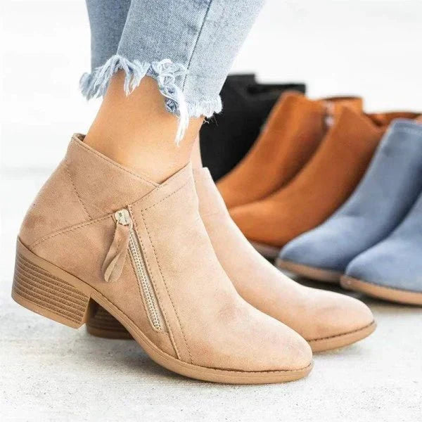 Chic women's ankle boots with side zip & block heel, perfect for versatile everyday fall and winter fashion.