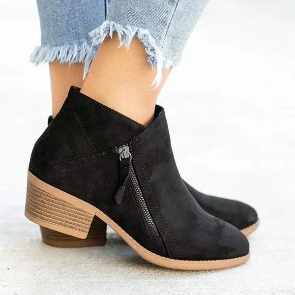 Stylish women's side zip ankle boots, block heel for comfort, ideal casual footwear for fall & winter.