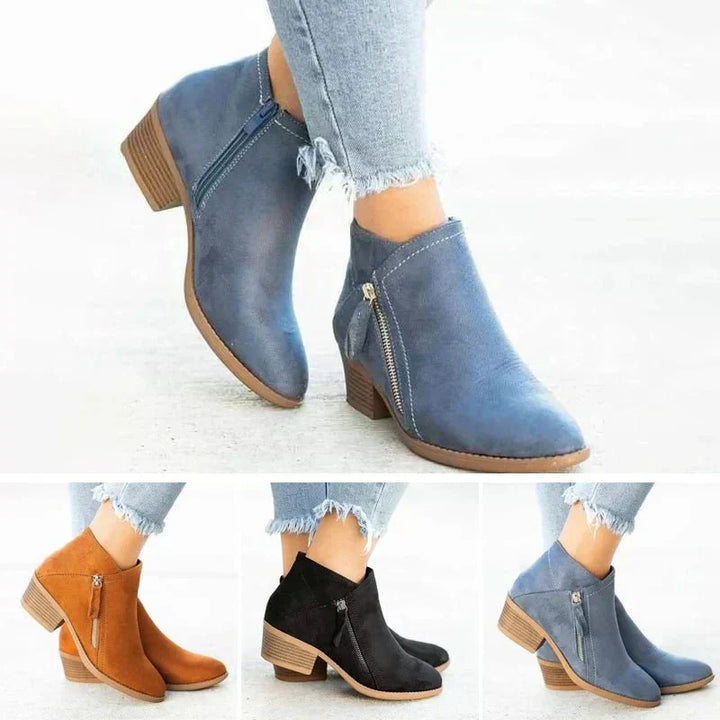 Women's casual side zip ankle boots with a fashionable block heel, essential stylish footwear.