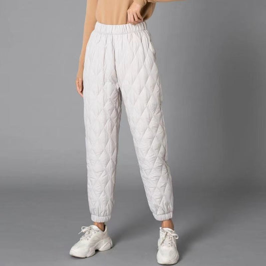 Women's Sierra quilted pants, diamond stitch pattern, relaxed fit, perfect for cozy casual wear and everyday style.