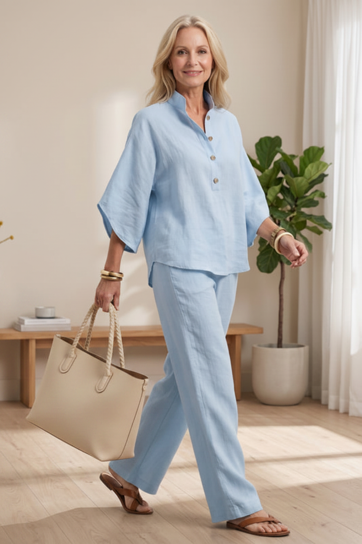 Women's sky blue casual comfort two-piece set, perfect relaxed fit loungewear for summer.