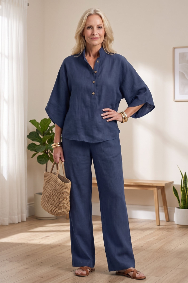 Comfortable women's navy two-piece set, relaxed fit loungewear matching outfit for ultimate ease.