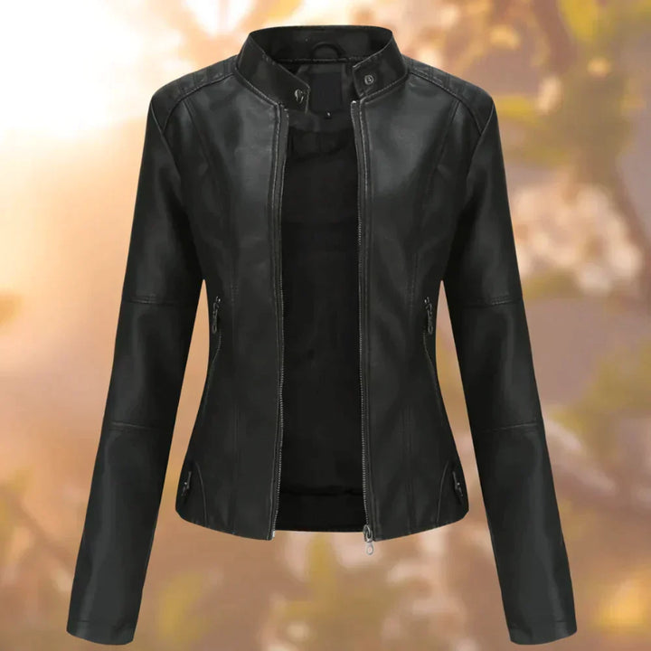 Women's sleek black biker jacket, edgy style, perfect for versatile outerwear fashion.