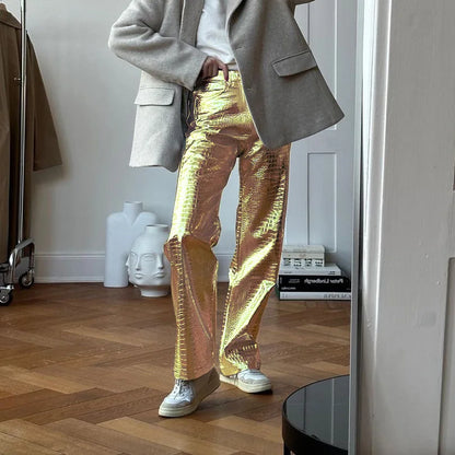 Silver women's sleek designer style modern trousers, offering a chic and versatile look.