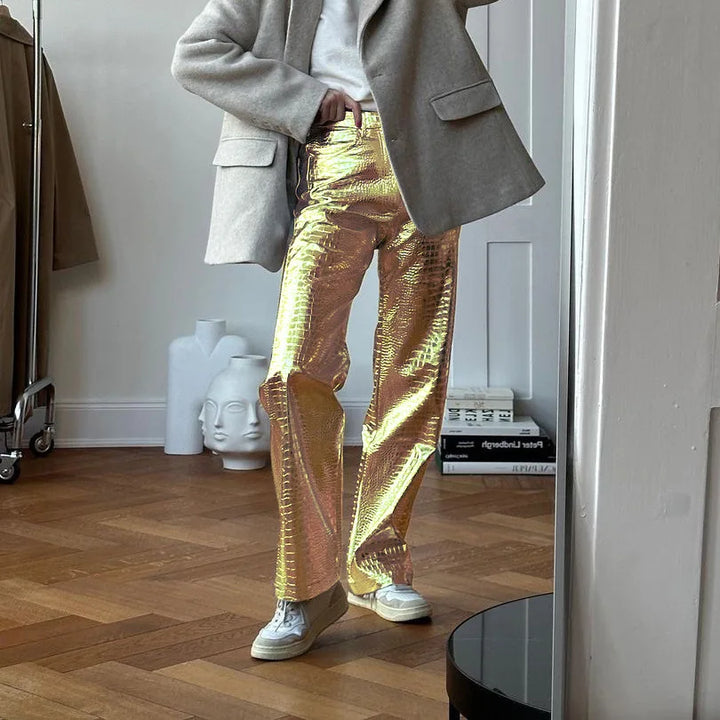 Silver women's sleek designer style modern trousers, offering a chic and versatile look.