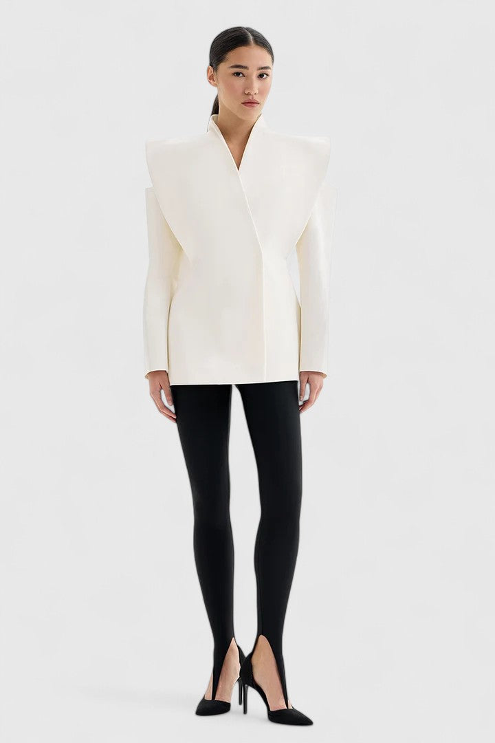 Women's Sleek Structured-Shoulder Tailored Blazer, an elegant ivory jacket for office & formal events.