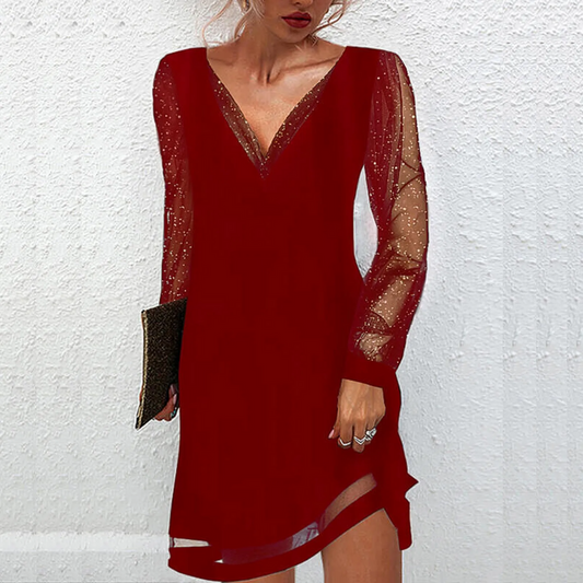 Women's sleek V-neck midi dress, perfect for elegant cocktail or versatile workwear fashion.