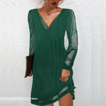 Sophisticated women's sleek V-neck midi dress, offering effortless elegance and classic style.