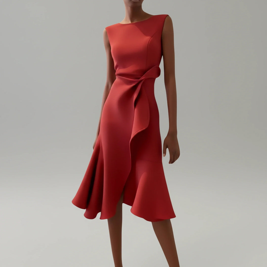 Women's sleeveless A-line midi dress in a vibrant color, perfect for summer casual or elegant wear.