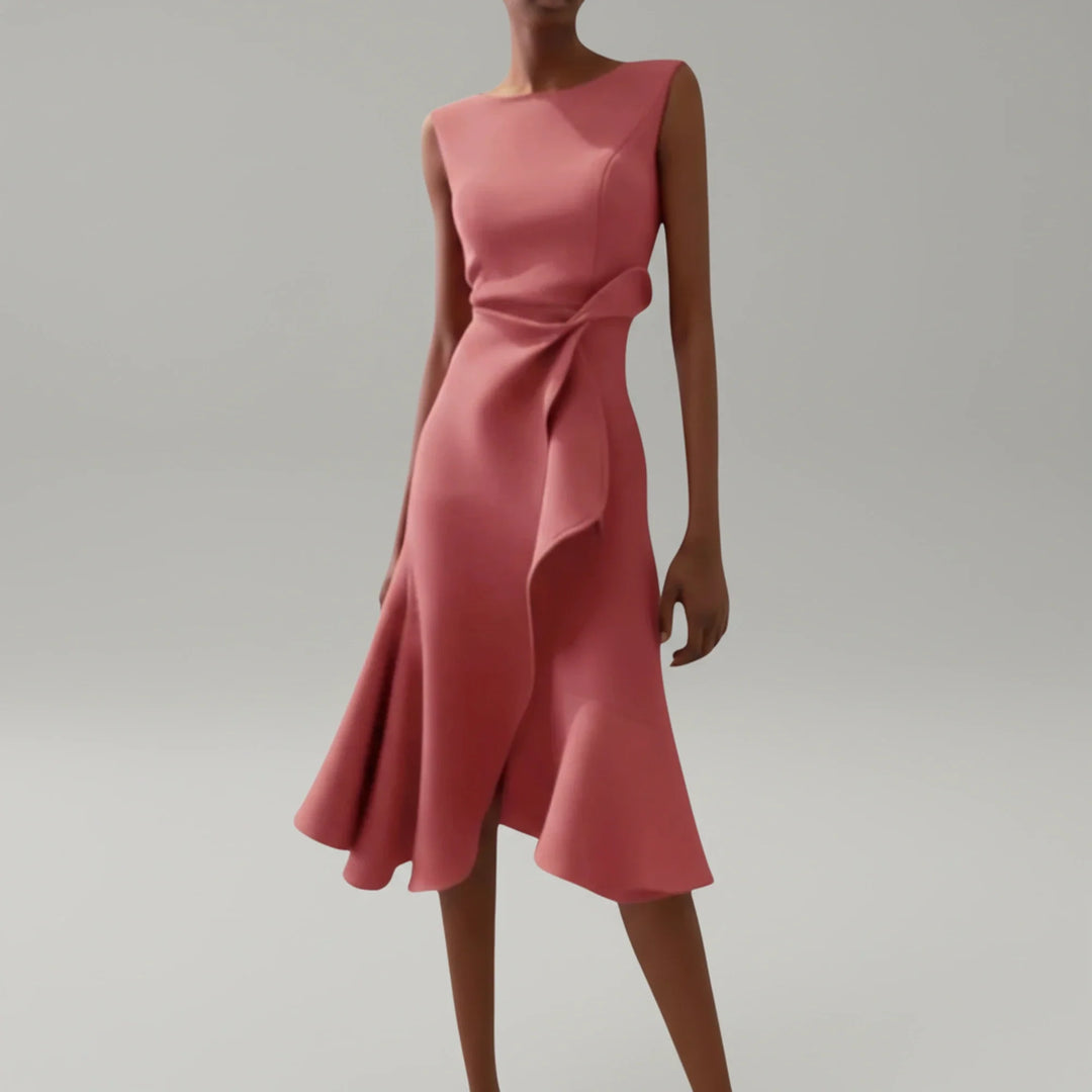 Lightweight women's sleeveless midi dress, an A-line summer dress offering breezy comfort & casual elegance.