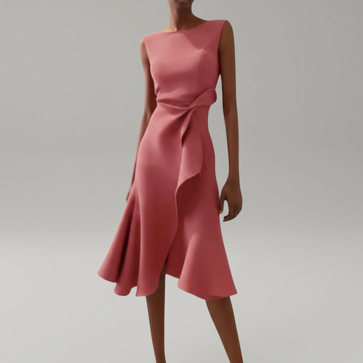 Lightweight women's sleeveless midi dress, an A-line summer dress offering breezy comfort & casual elegance.