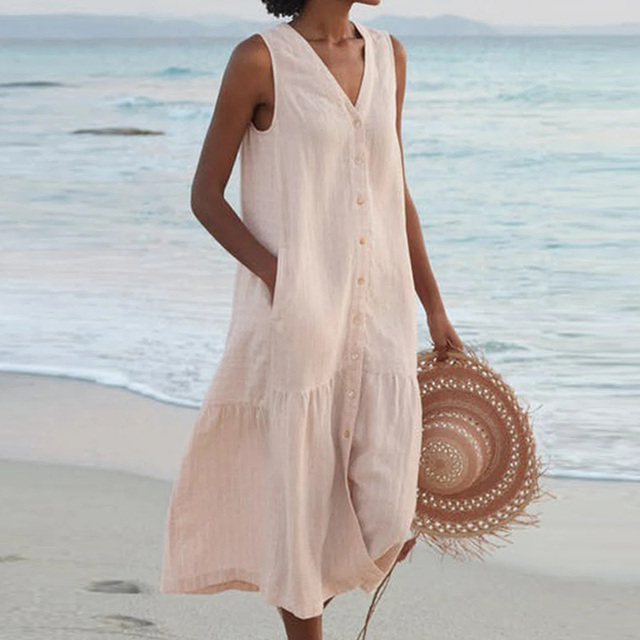 Women's sleeveless button front midi dress with V-neck, perfect for summer casual wear.