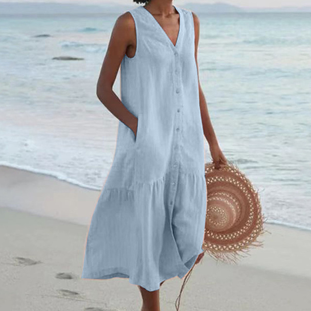 Relaxed fit women's casual midi dress, sleeveless, button-front, ideal for summer & beach.