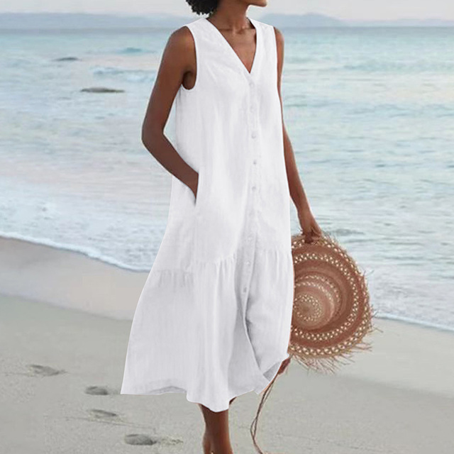 Versatile V-neck sleeveless midi dress for women, button front design, suitable for day or evening.