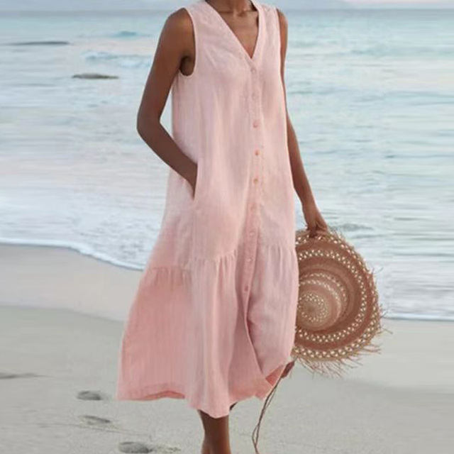 Sleeveless button-front midi dress for women, relaxed fit, V-neck, stylish and comfortable.