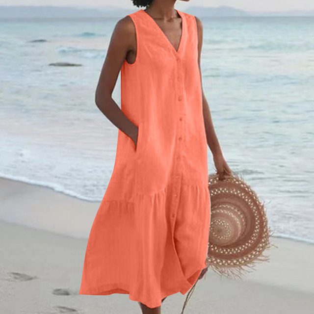 Lightweight sleeveless V-neck midi dress for women, button front detail, perfect for warm weather.