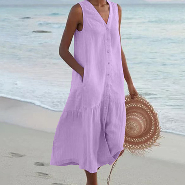 Elegant women's sleeveless midi dress, button front, V-neck, versatile for casual or beach wear.
