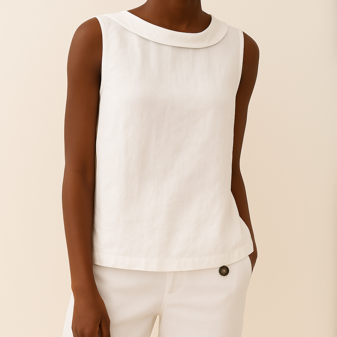 Stylish women's sleeveless blouse with a round neck, great for chic casual summer outfits.