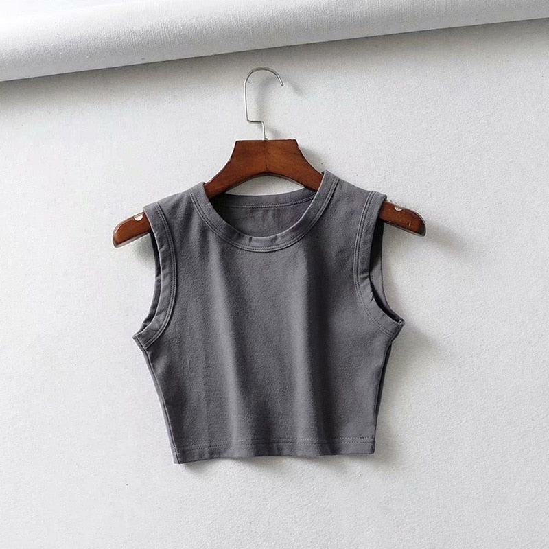 Women's lightweight sleeveless crop top, fitted and comfortable for casual wear or active summer days.