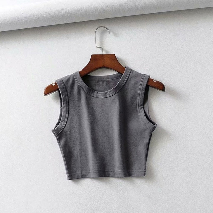 Women's lightweight sleeveless crop top, fitted and comfortable for casual wear or active summer days.