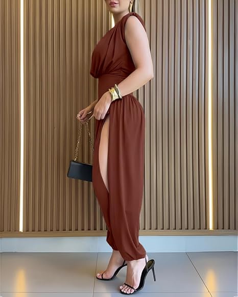 Modern women's sleeveless jumpsuit, high waist & trendy balloon leg. Chic formal fashion statement.