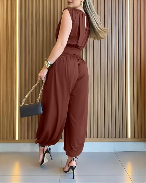 Elegant women's sleeveless high waist balloon leg romper. Ideal for evening, cocktail, & special occasions.