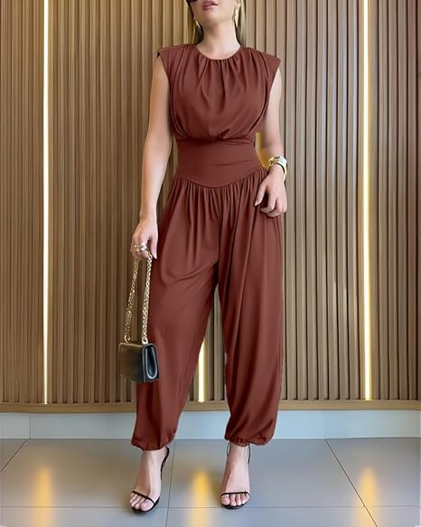 Fashionable women's sleeveless jumpsuit, high waist creates balloon leg silhouette. Elegant party romper.