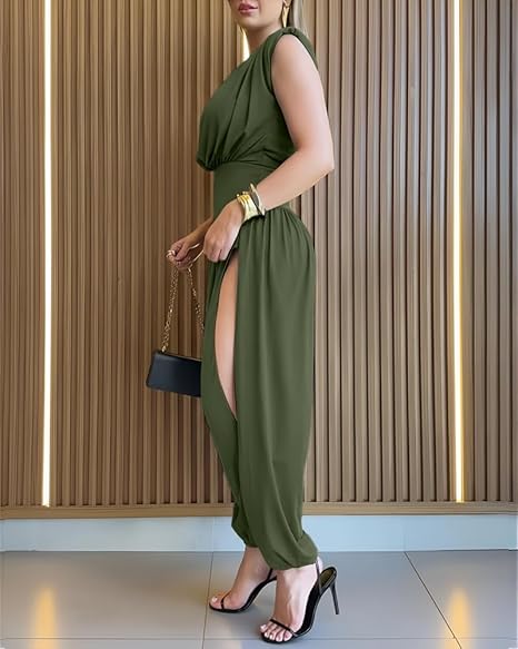Versatile women's sleeveless high waist balloon leg romper. Chic for evening, parties & formal events.