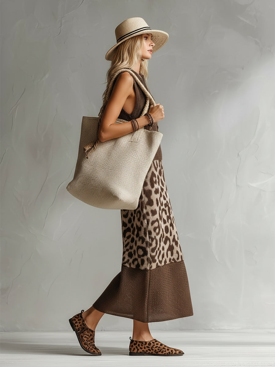 Elegant women's sleeveless leopard midi dress, ideal for spring, summer, or fall events.