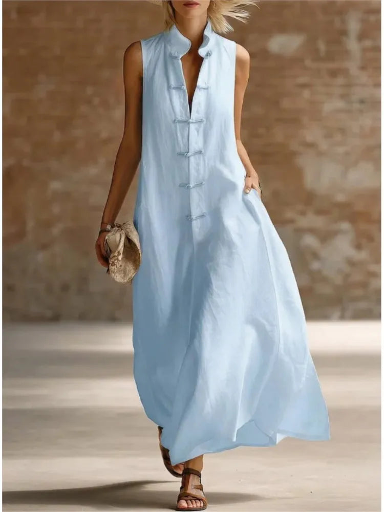 Women's sleeveless maxi shirt dress for effortless summer style. Perfect casual day wear.
