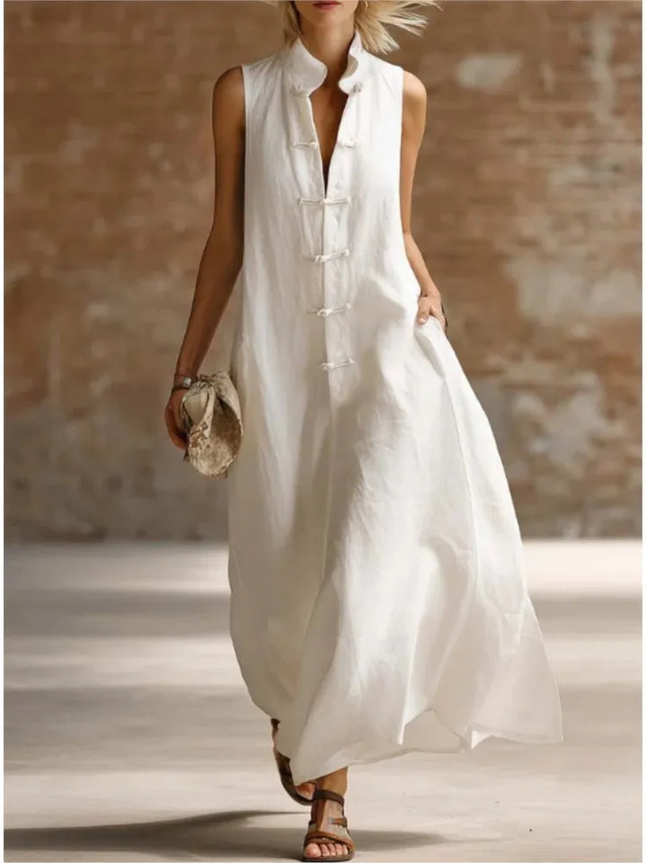 Collared sleeveless maxi shirt dress for women. Chic and comfortable casual summer fashion.