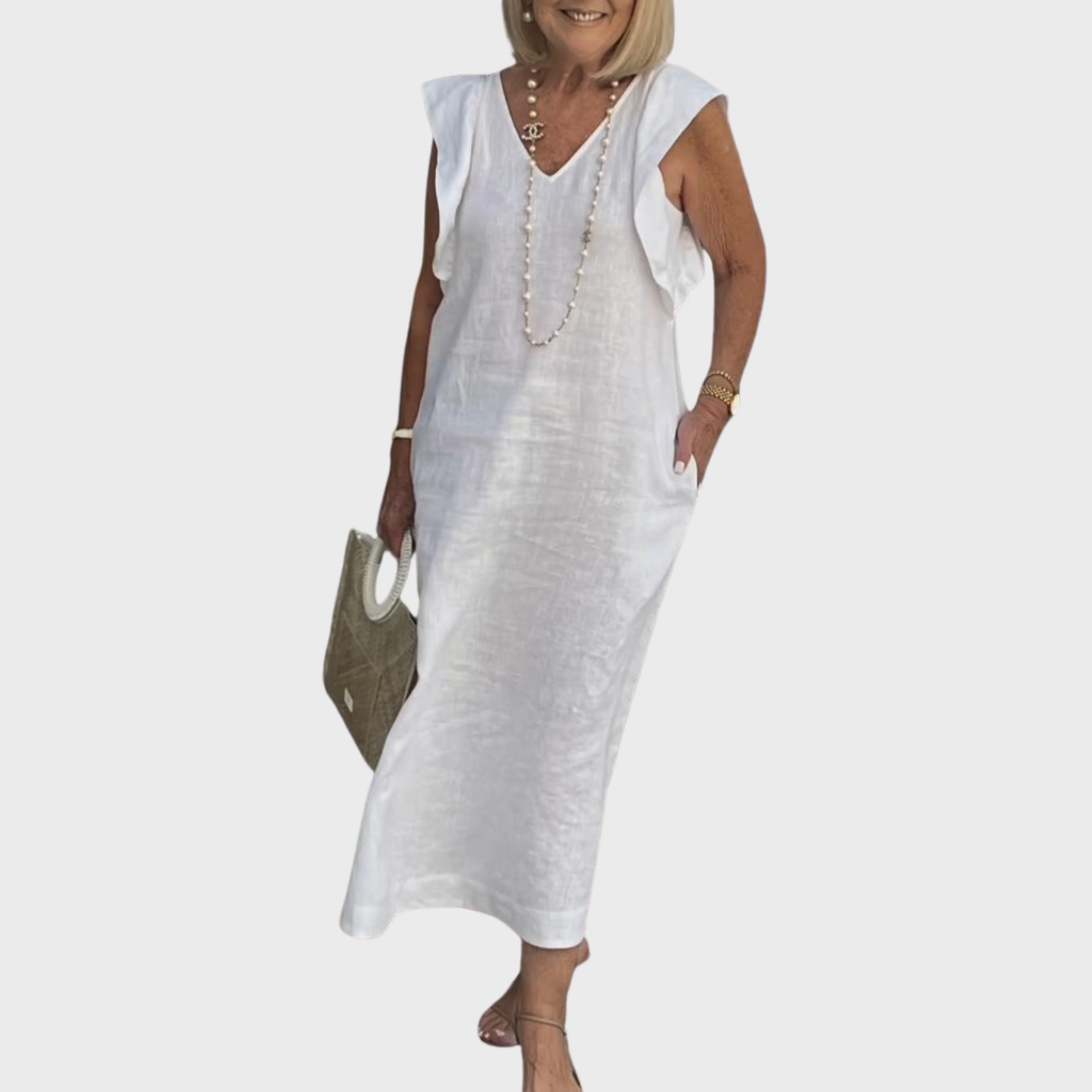 Women's sleeveless V-neck maxi dress with ruffle shoulders & pockets, perfect for summer vacation.