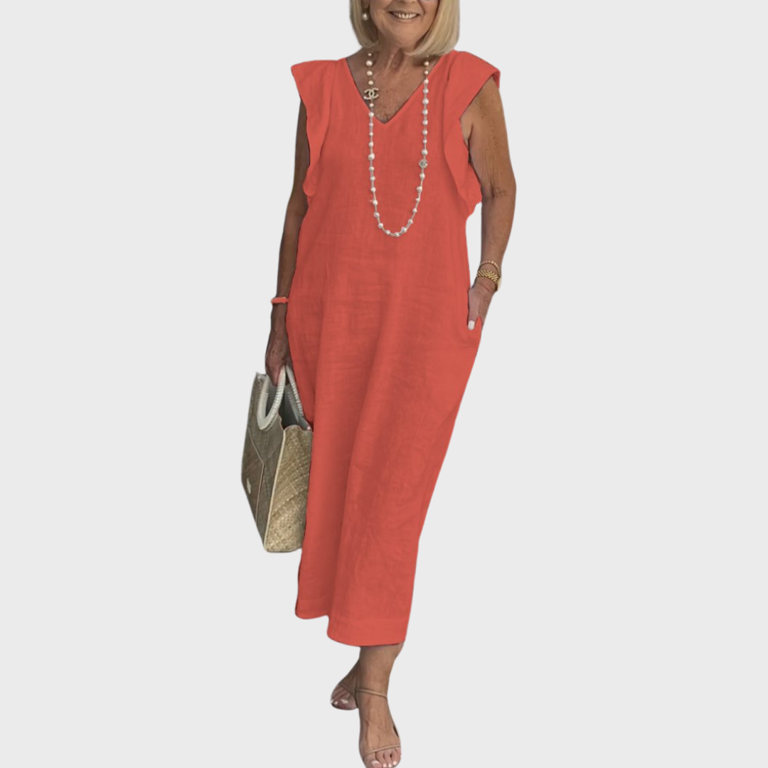 Summer women's elegant maxi dress, V-neck, sleeveless, featuring beautiful ruffle shoulders and hidden pockets.