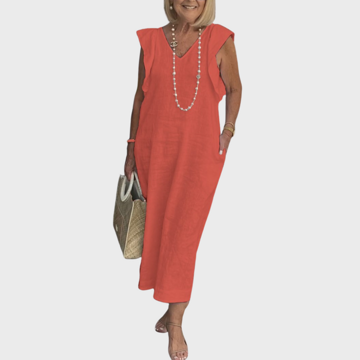 Summer women's elegant maxi dress, V-neck, sleeveless, featuring beautiful ruffle shoulders and hidden pockets.