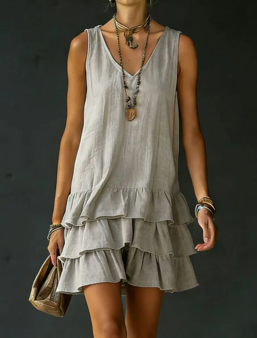 Fashionable women's flowy mini dress, sleeveless V-neck style with playful ruffle tiers.