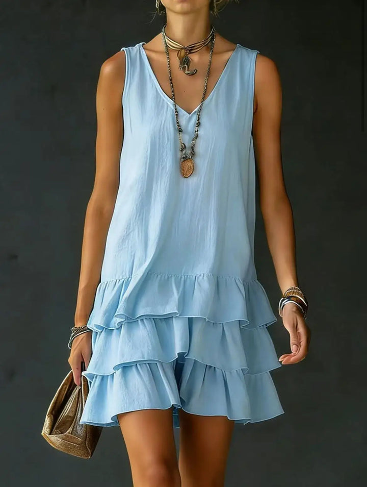 Women's casual ruffle tiered mini dress, sleeveless V-neck design. Comfortable & stylish.