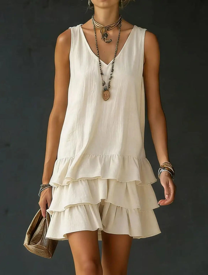 Versatile women's tiered ruffle mini dress, sleeveless V-neck design for casual outings or vacation.