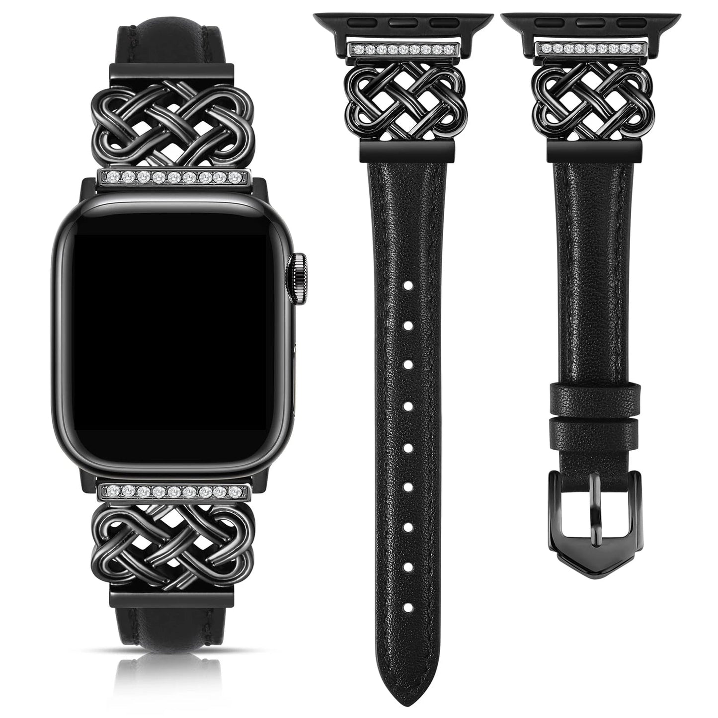 Women's slim black leather watch band with sparkling rhinestones, elegant and adjustable for smartwatches.