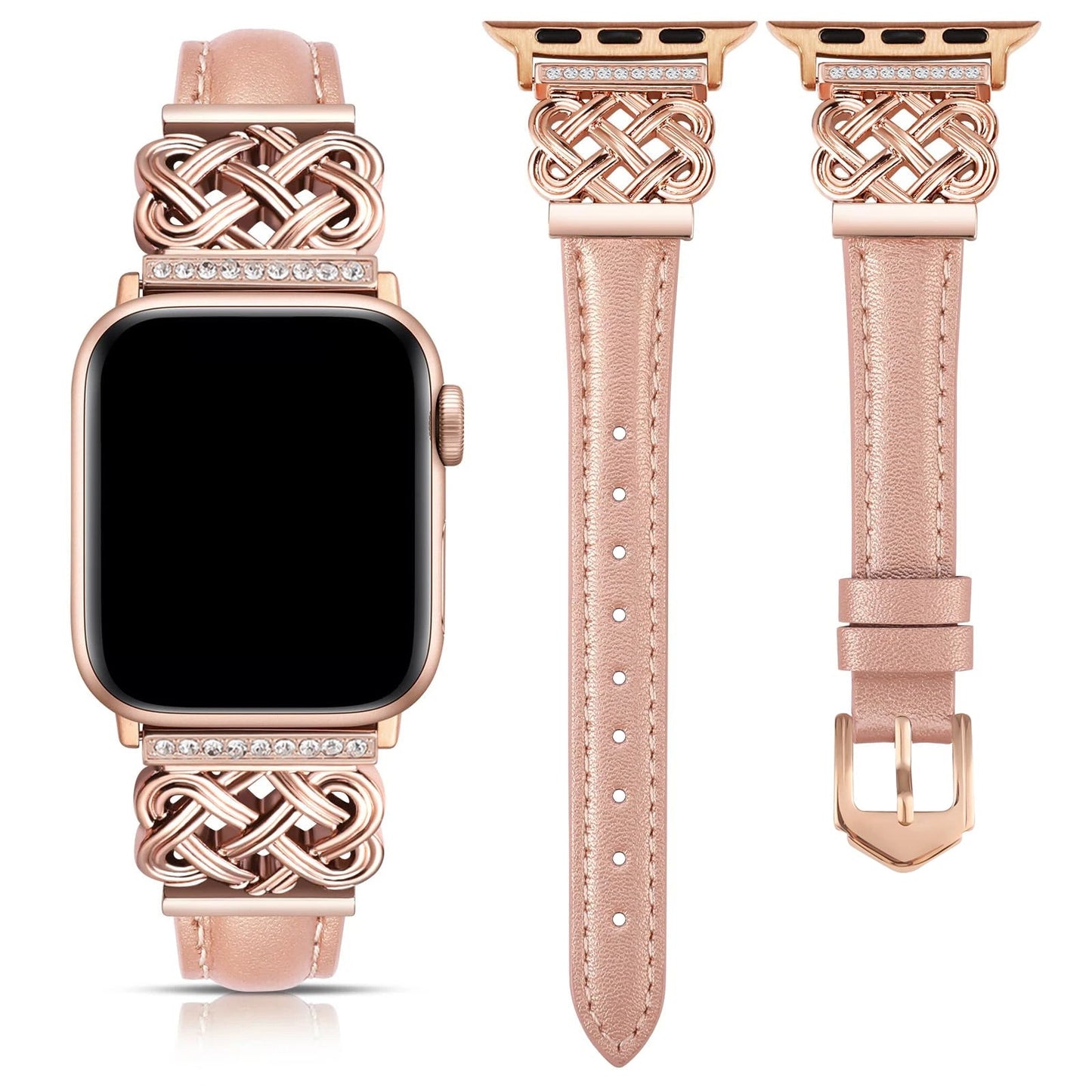 Elegant women's slim leather watch band with rhinestone detailing, offering a secure and stylish fit for smartwatches.