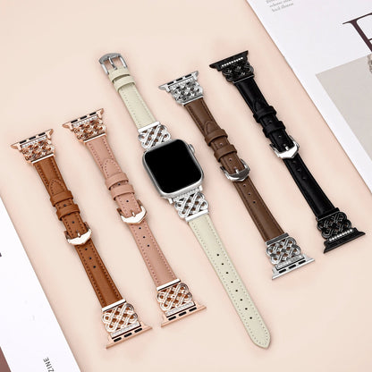 Adjustable women's slim leather watch band featuring dazzling rhinestones, a chic and secure smartwatch accessory.