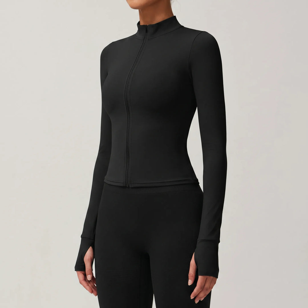 Stylish women's slim-fit activewear jacket, versatile for gym, yoga, or everyday athleisure wear.
